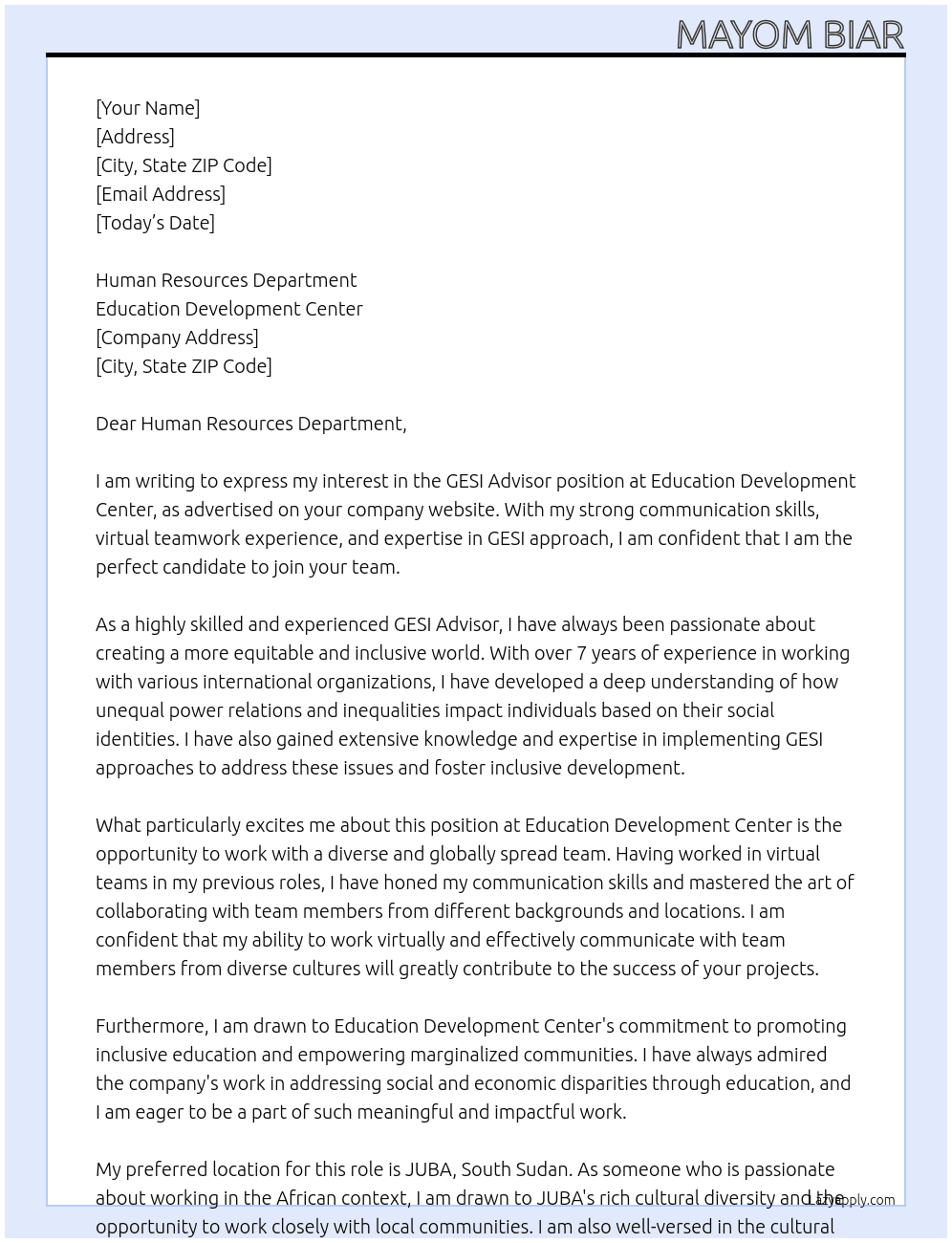 GESI Advisor At Education Development Center Cover Letter