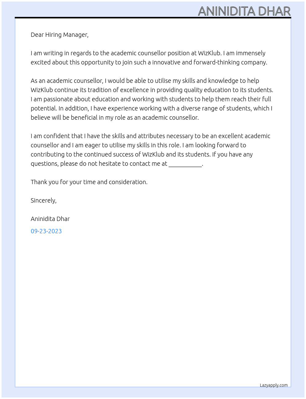Academic counsellor At WizKlub Cover Letter
