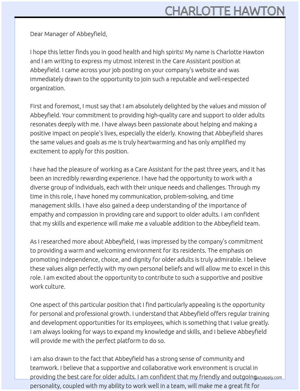Care Assistant  At Abbeyfield  Cover Letter