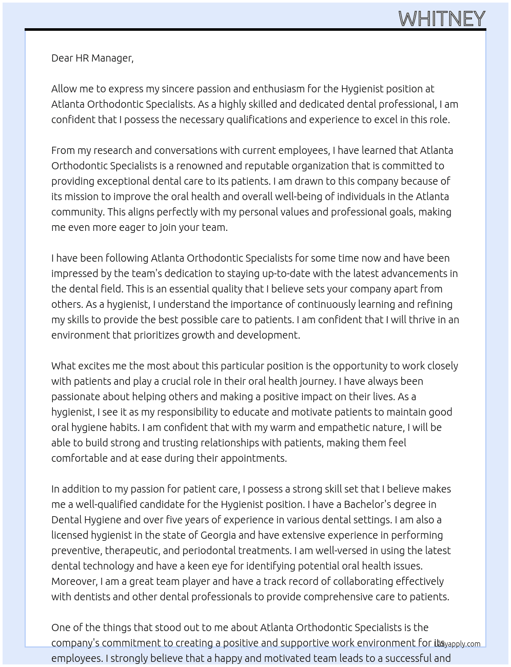 Hygienist  At Atlanta Orthodontic Specialists Cover Letter