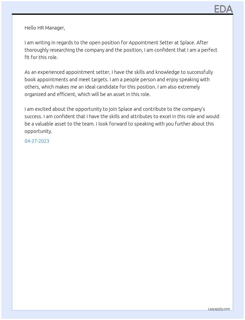 Appointment Setter At Splace Cover Letter