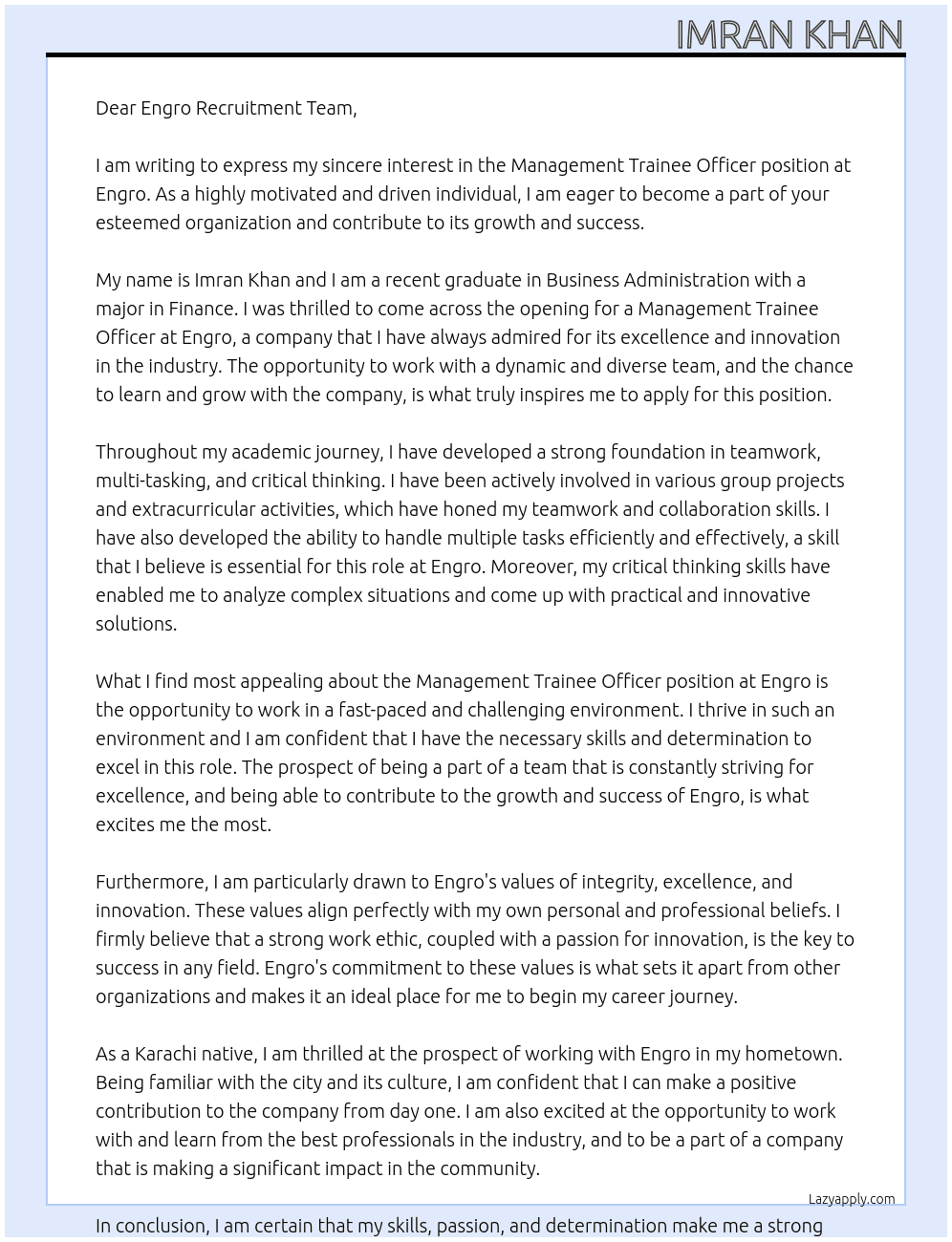 Management Trainee Officer  At Engro  Cover Letter