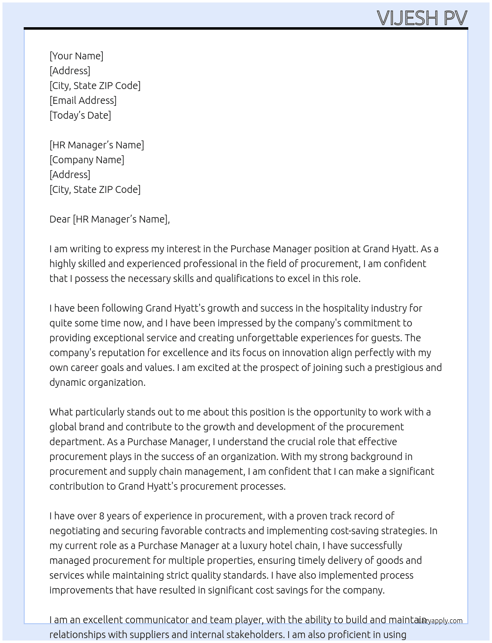 purchase manager At grand hyatt Cover Letter