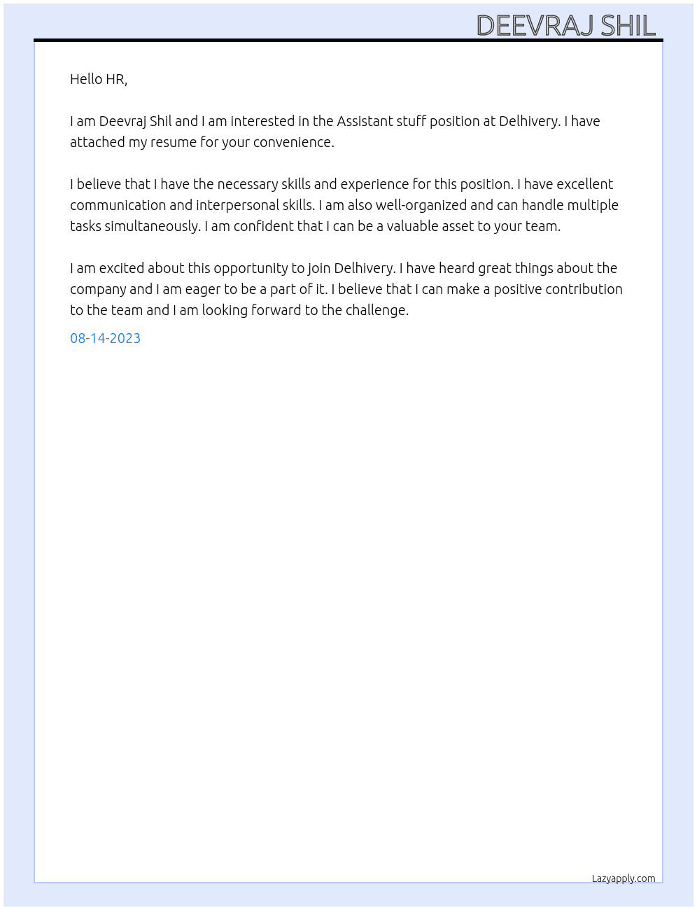 Assistant stuff  At Delhivery Cover Letter