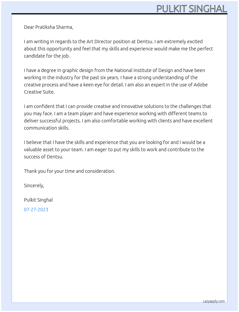 Art Director At dentsu Cover Letter