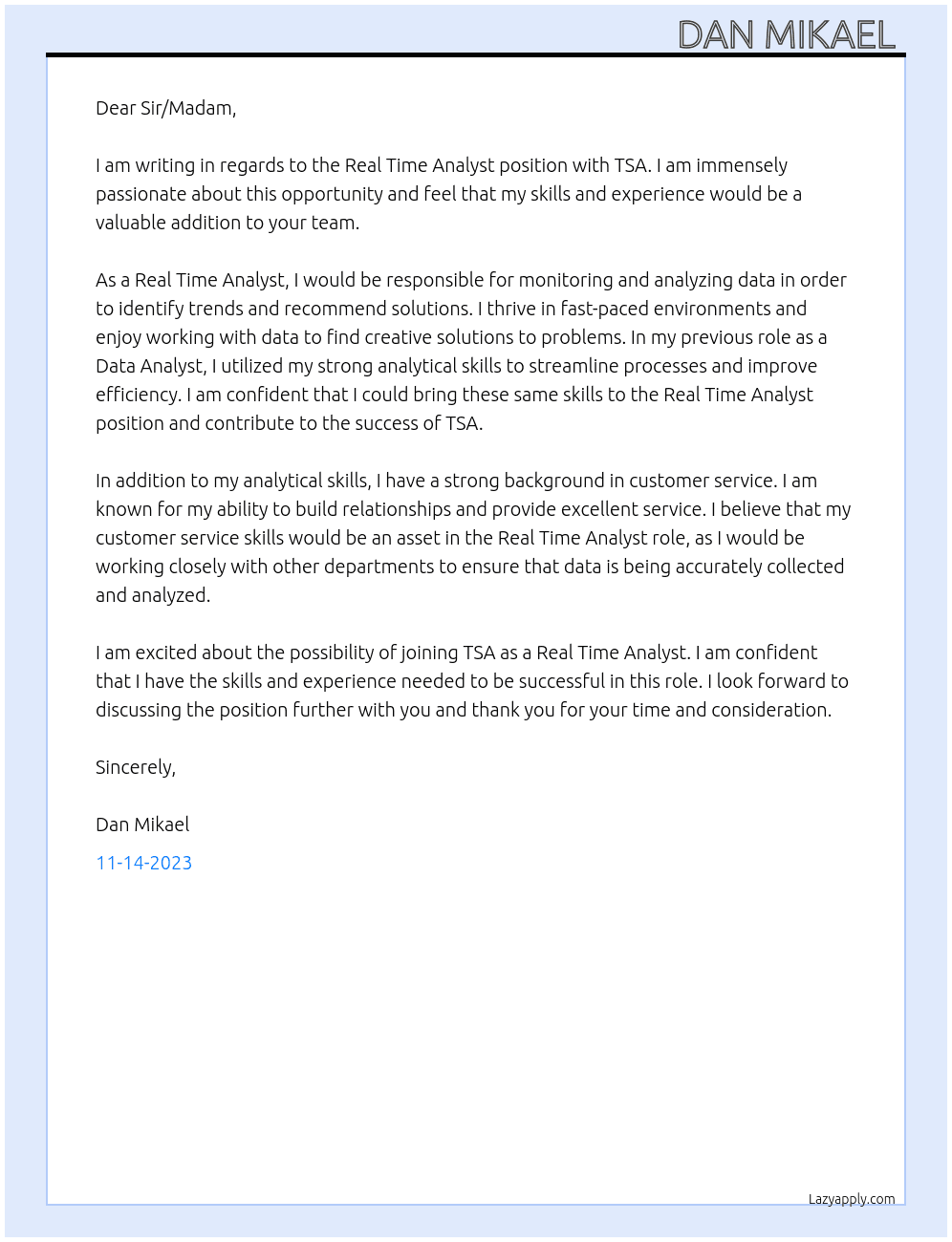 real time analyst At TSA Cover Letter