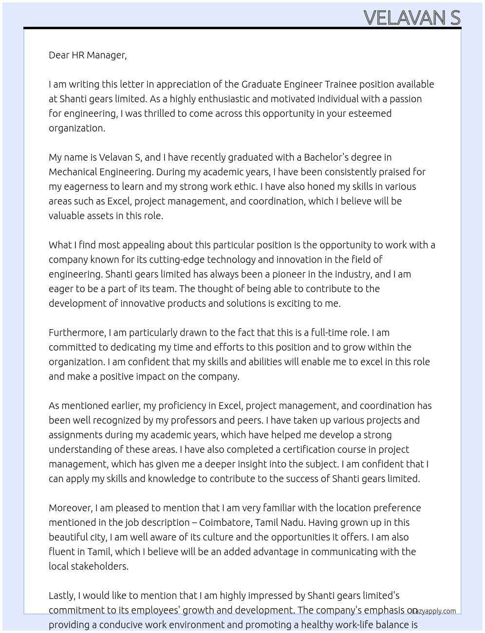 Graduate Engineer Trainee  At Shanti gears limited  Cover Letter
