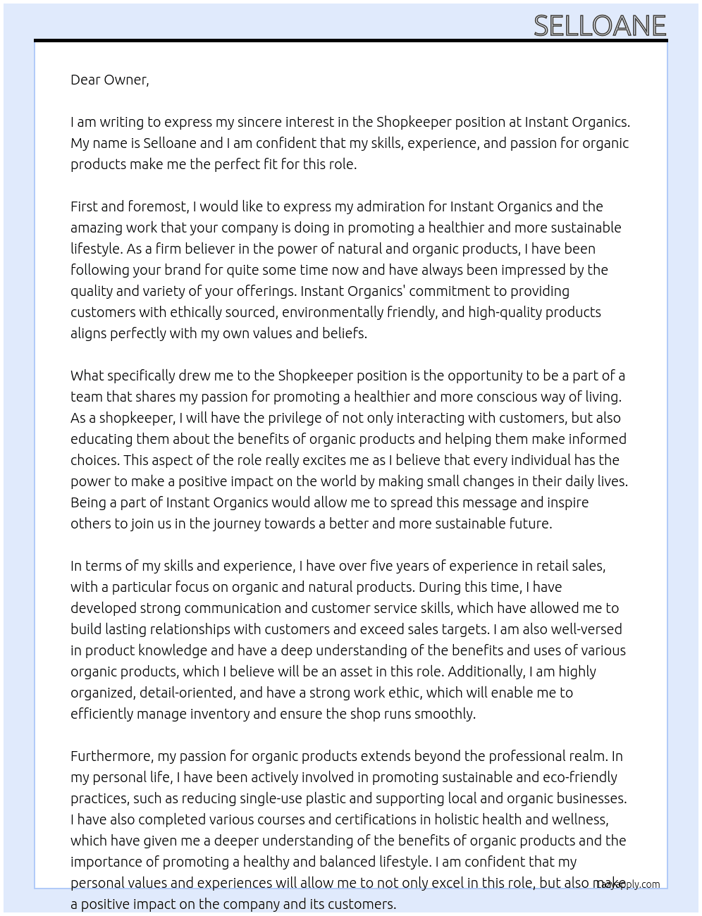 Shopkeeper  At Instant organics  Cover Letter