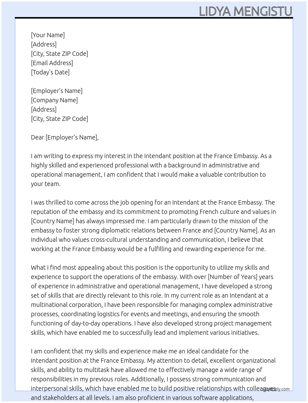 Intendant  At France Embassy Cover Letter