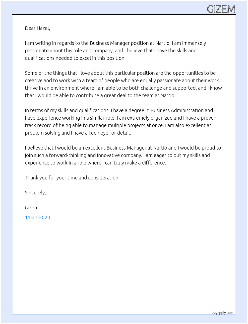 Business Manager At Nartio Cover Letter