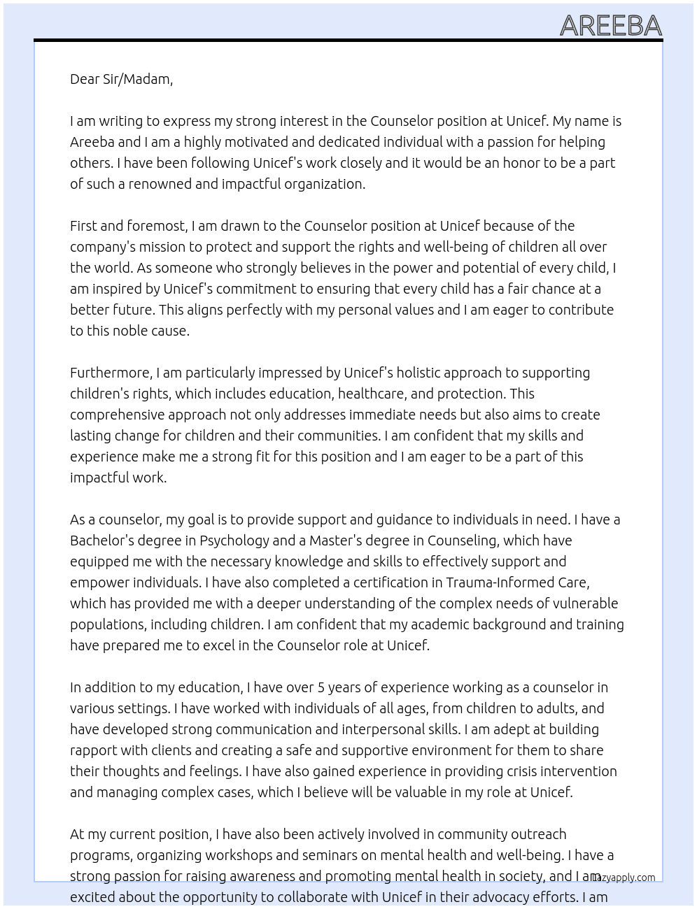 Counselor  At Unicef Cover Letter