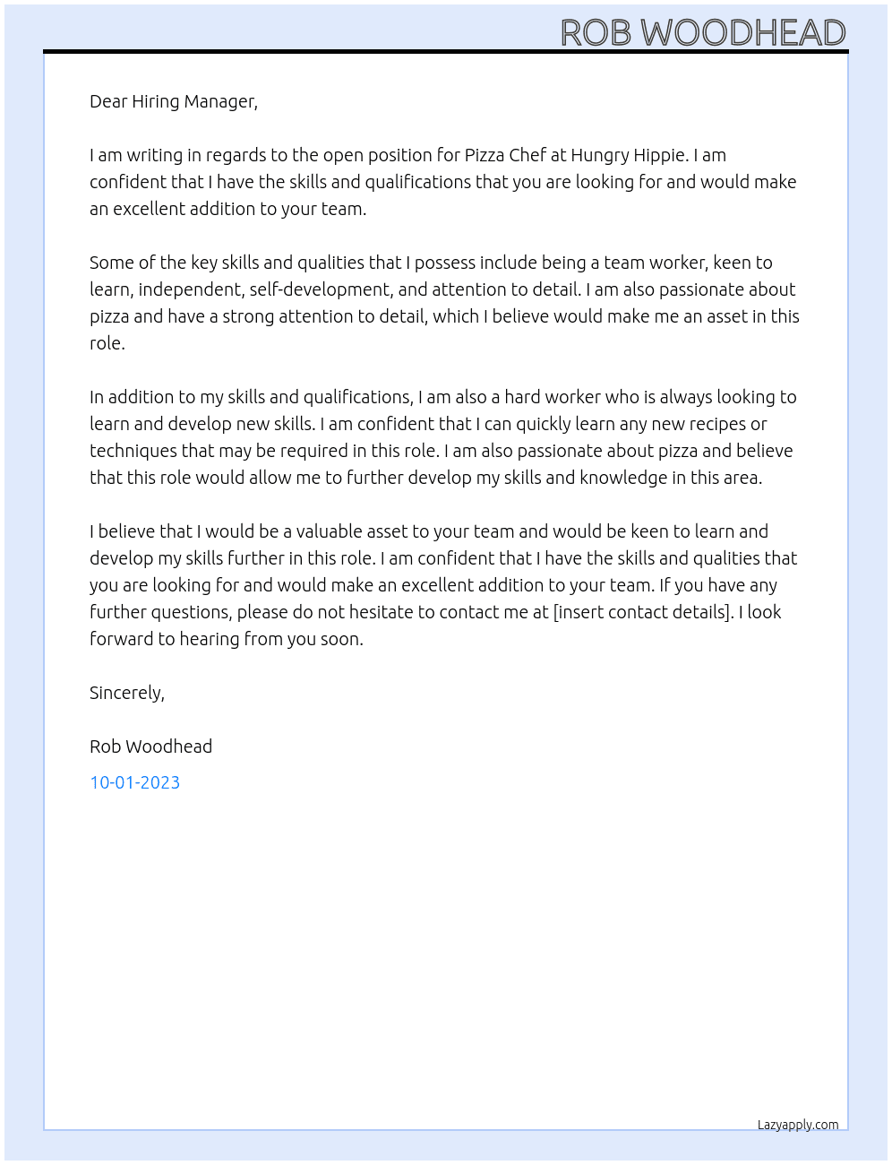 Pizza Chef At Hungry Hippie Cover Letter