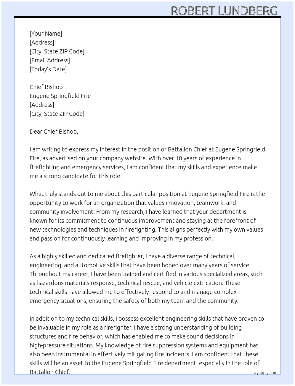 Battalion Chief  At Eugene Springfield Fire  Cover Letter
