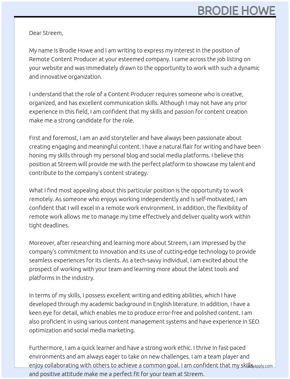 no experience Remote Content Producer At Streem Cover Letter