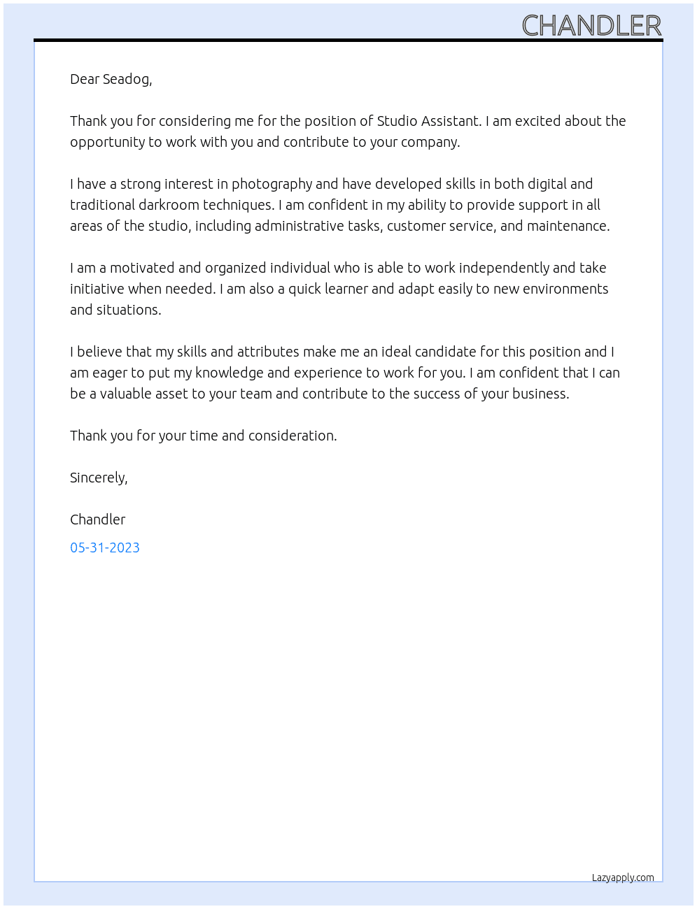 Studio Assistant At Seadog Cover Letter
