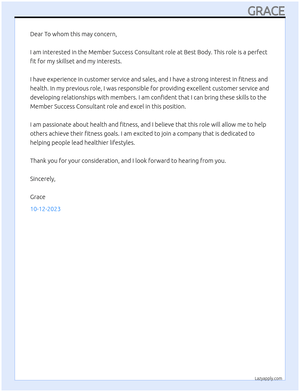 Member Success Consultant At Best Body Cover Letter