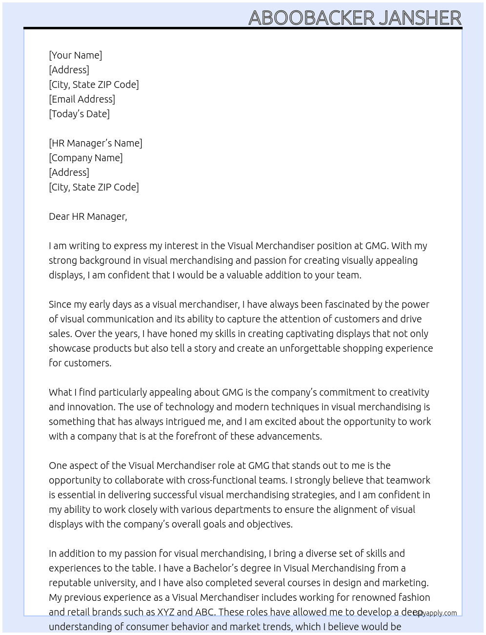Visual Merchandiser At GMG Cover Letter