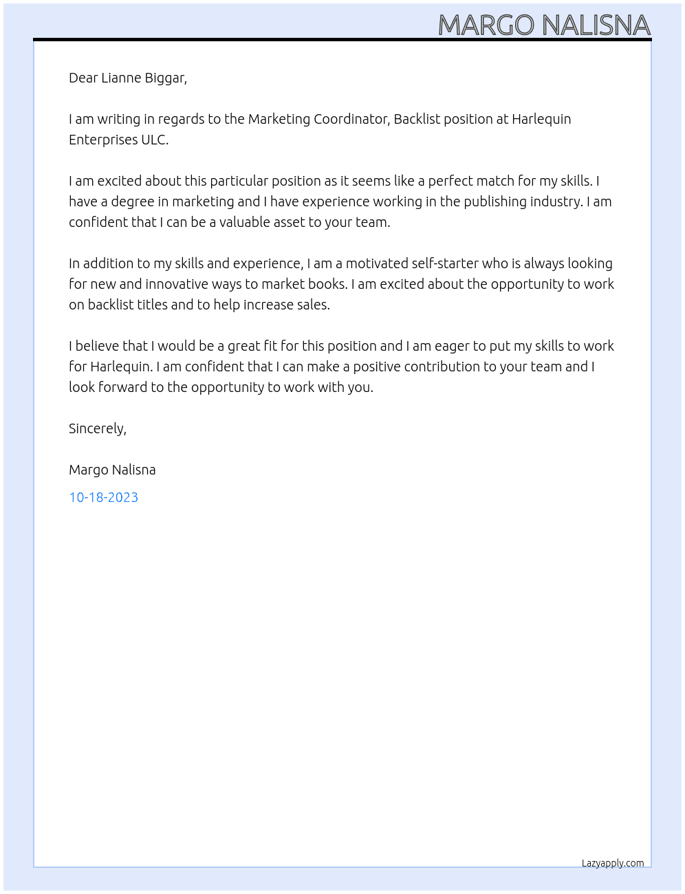 Marketing Coordinator, Backlist At  Harlequin Enterprises ULC Cover Letter