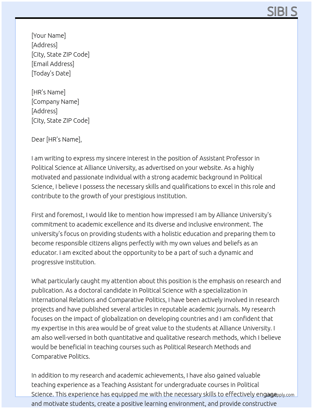 Assistant Professor in Political Science At Alliance University Cover Letter