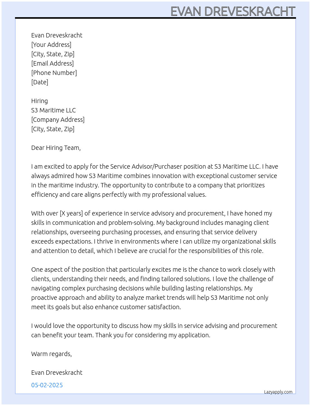 Cover letter for service advisor/purchaser - LazyApply