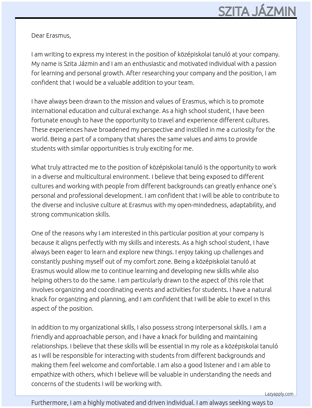 középiskolai tanuló At Erasmus Cover Letter