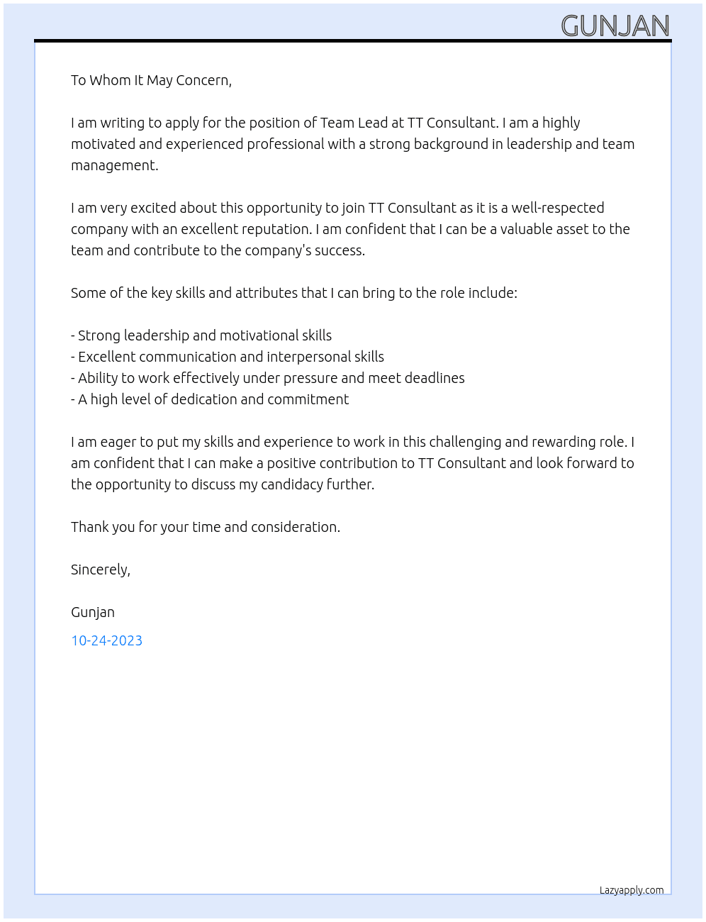 Team lead  At TT consulatnt  Cover Letter
