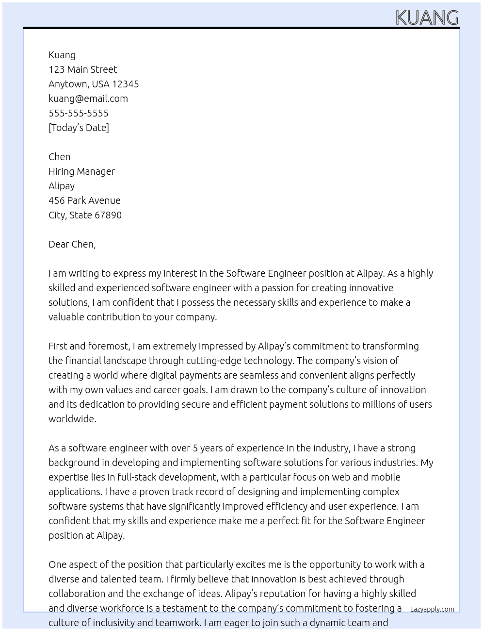 Software Engineer At Alipay Cover Letter