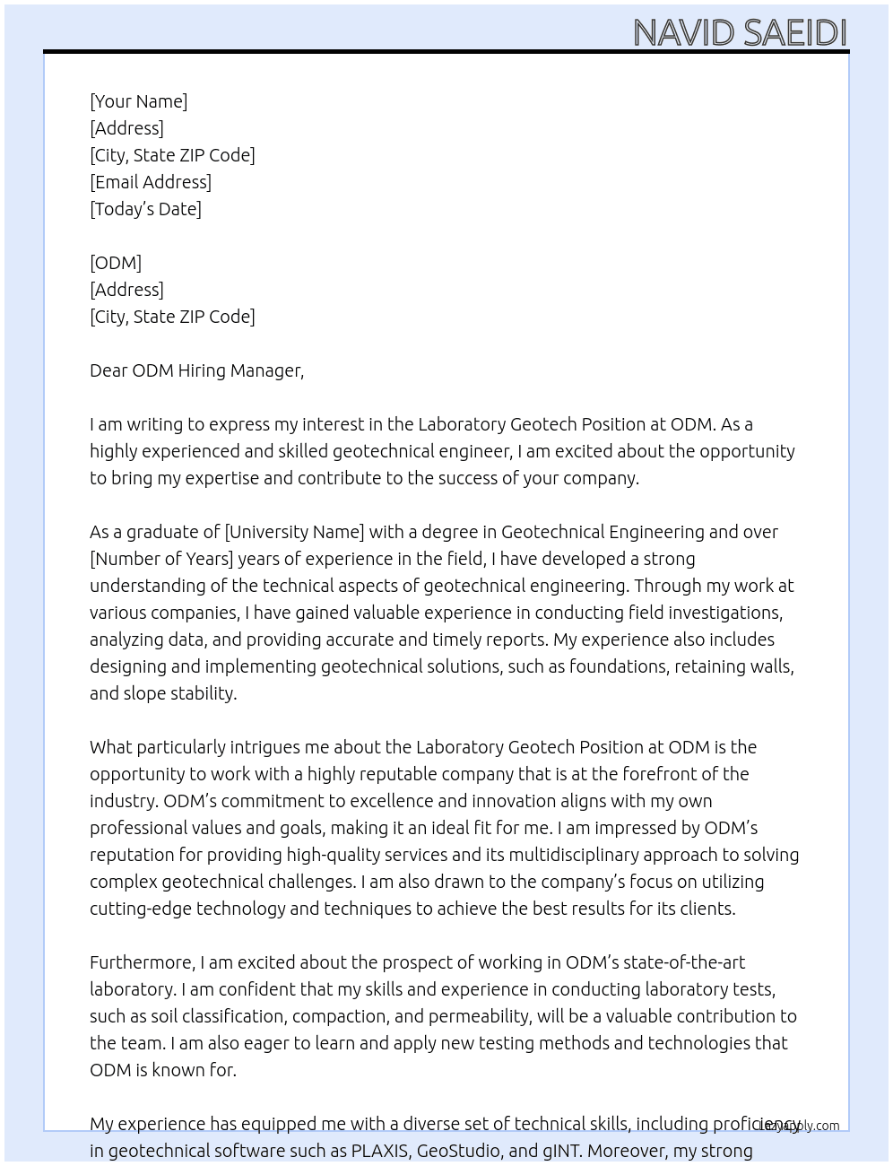 Laboratory Geotech Position At ODM Cover Letter