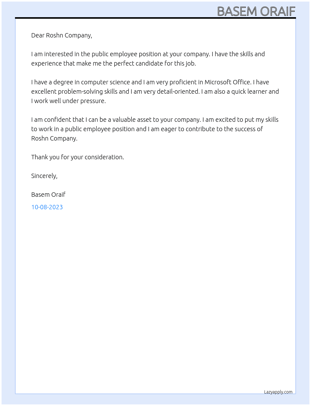 Public Employee  At Roshn Company Cover Letter