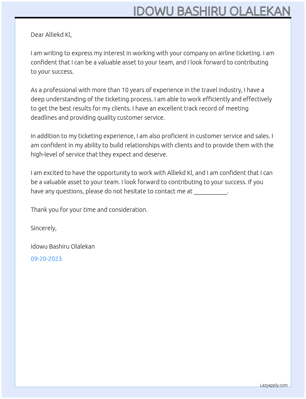 Cover letter for seeking for cooperation on airline ticketing - LazyApply