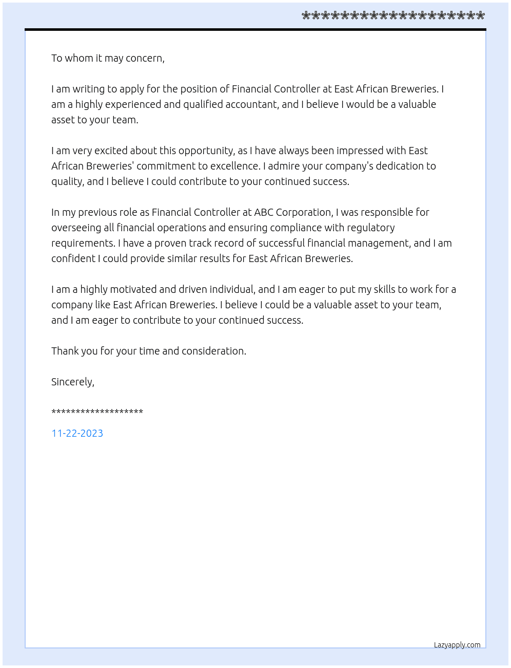 Financial Controller At EAST AFRICAN BREWERIES Cover Letter
