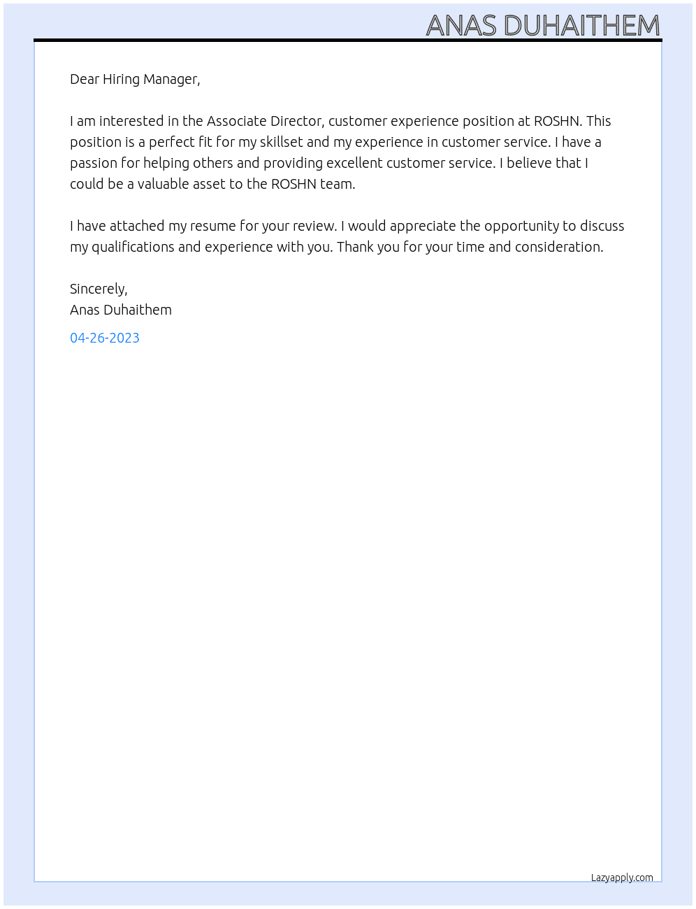 Associate Director, customer experience  At ROSHN Cover Letter