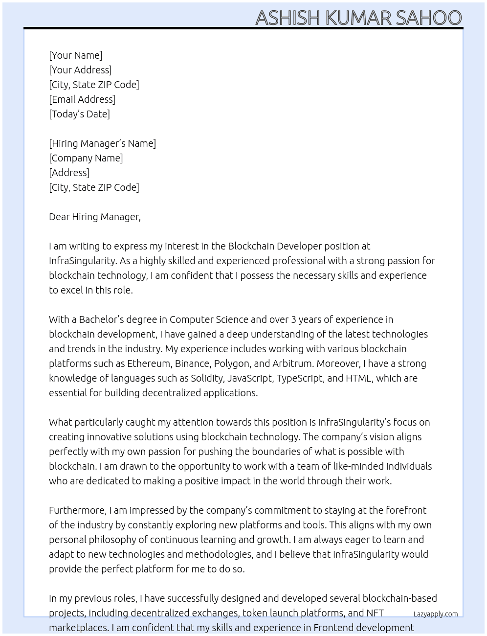 Blockchaine Developer At InfraSingularity Cover Letter