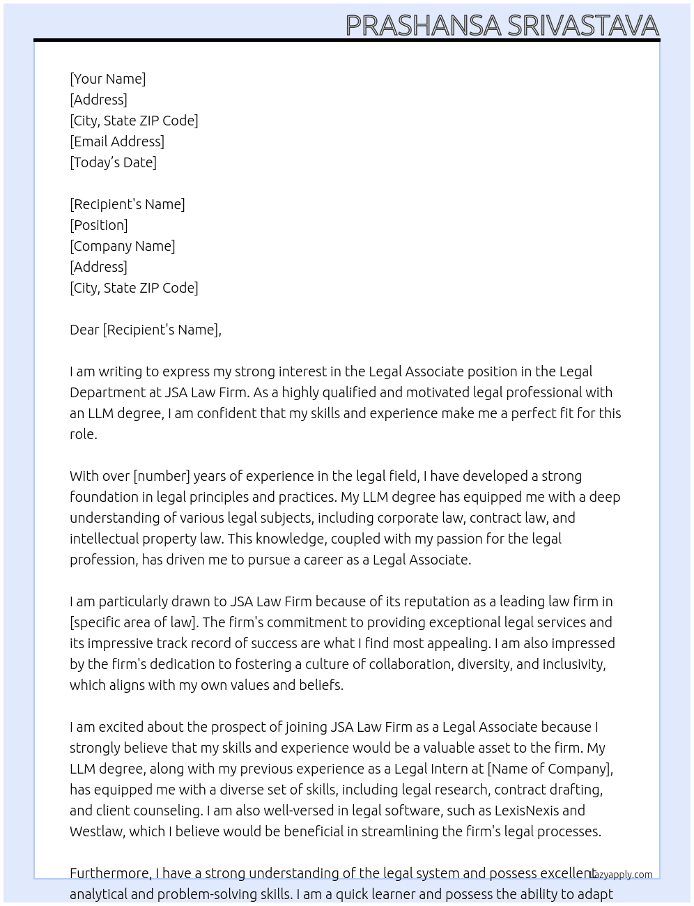 legal associate At JSA LAW FIRM Cover Letter