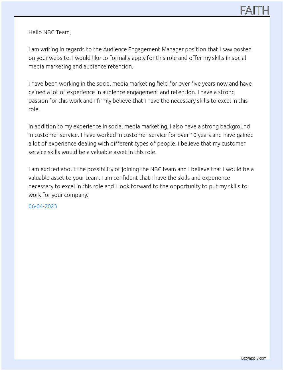 Audience Engagement Manager At NBC Cover Letter