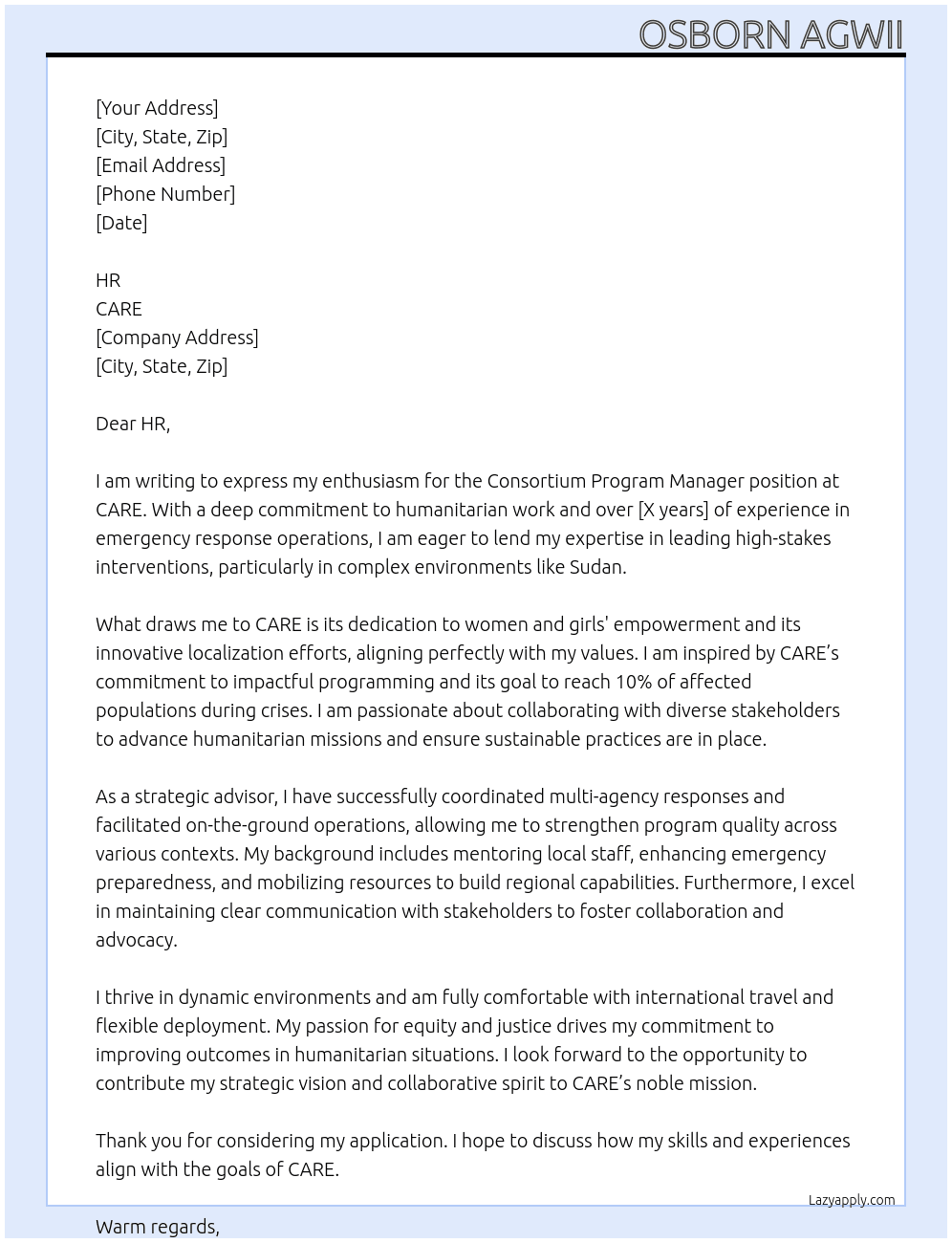 CONSORTIUM PROGRAM MANAGER At CARE Cover Letter