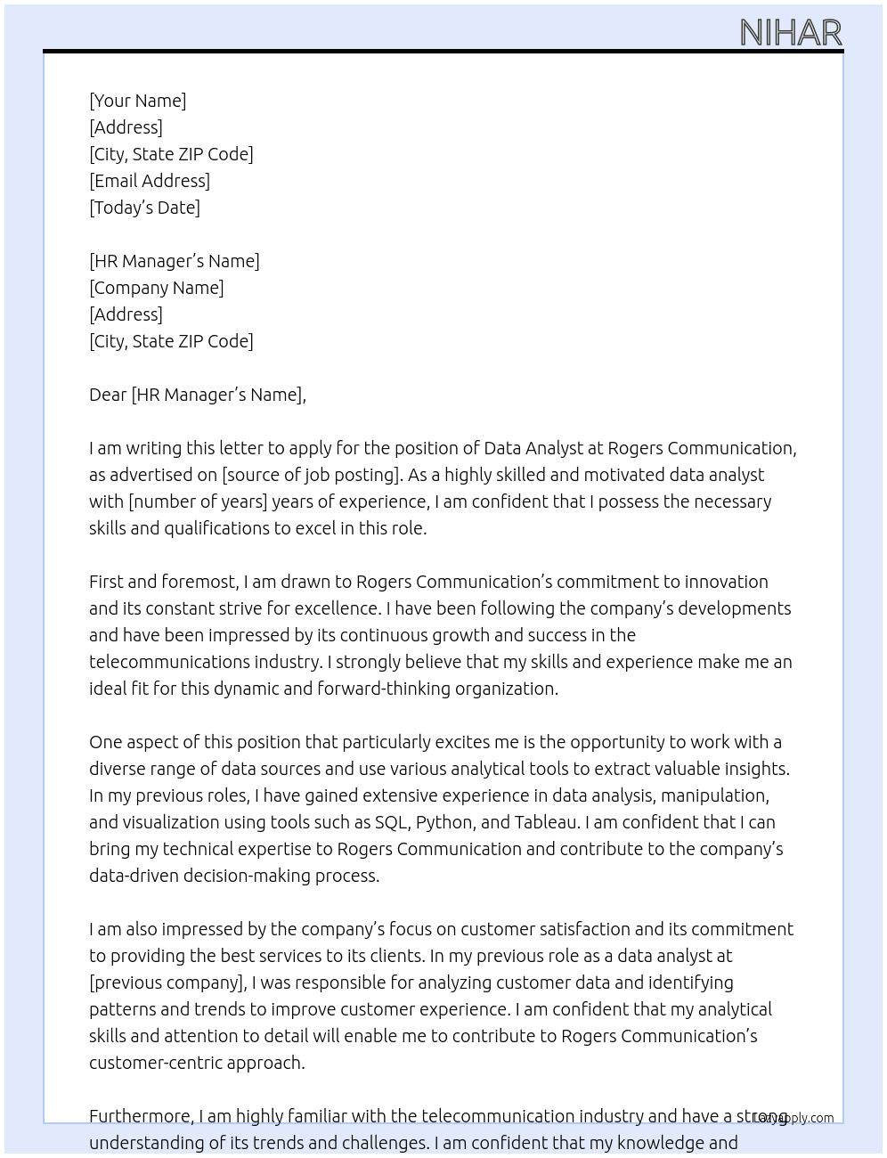 data analyst At rogers communication Cover Letter
