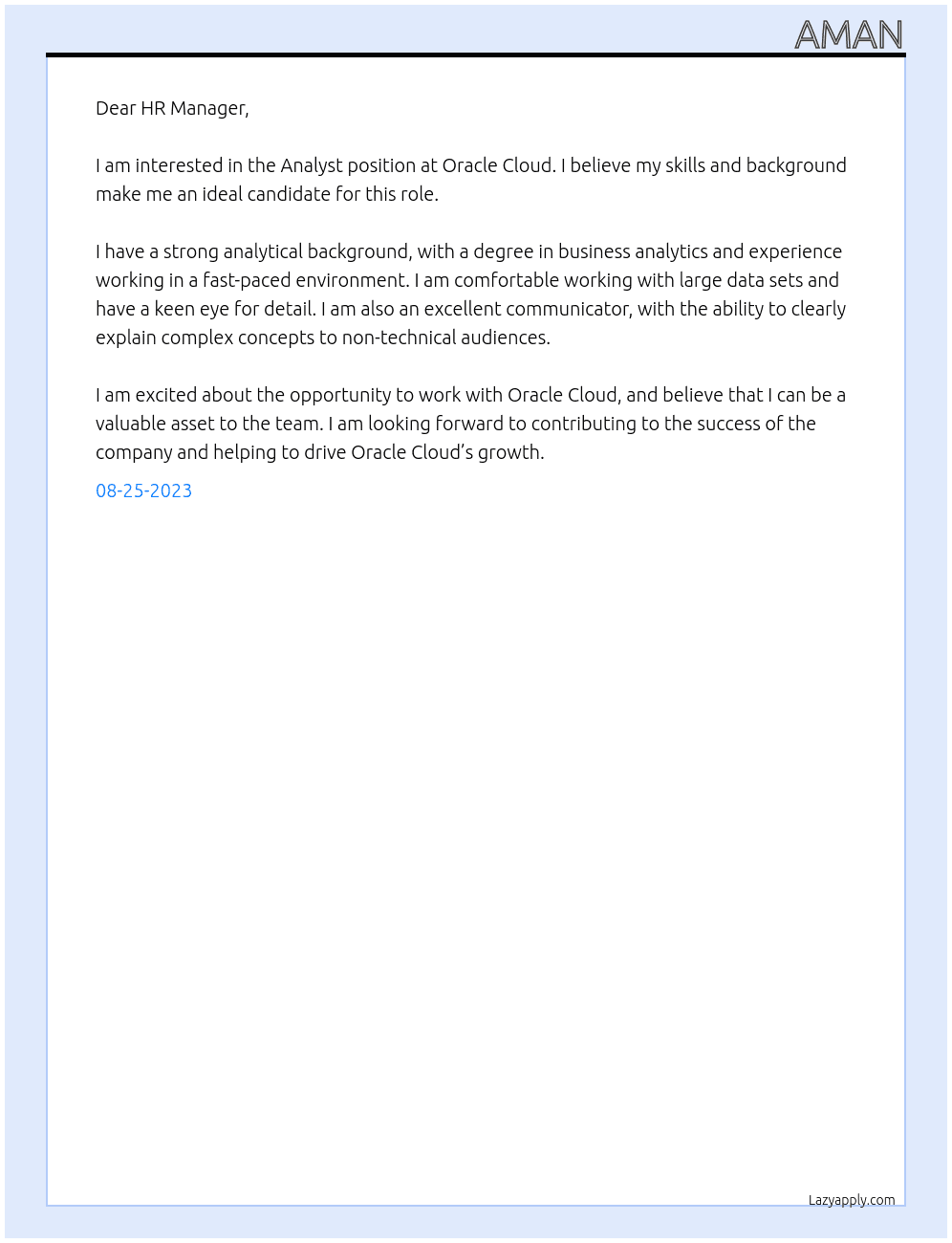 Analyst At Oracle Cloud Cover Letter