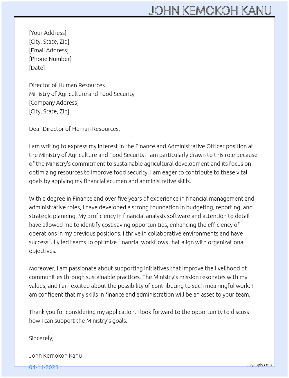 Finance and Administrative Officer  At Ministry of Agriculture and Food Security  Cover Letter
