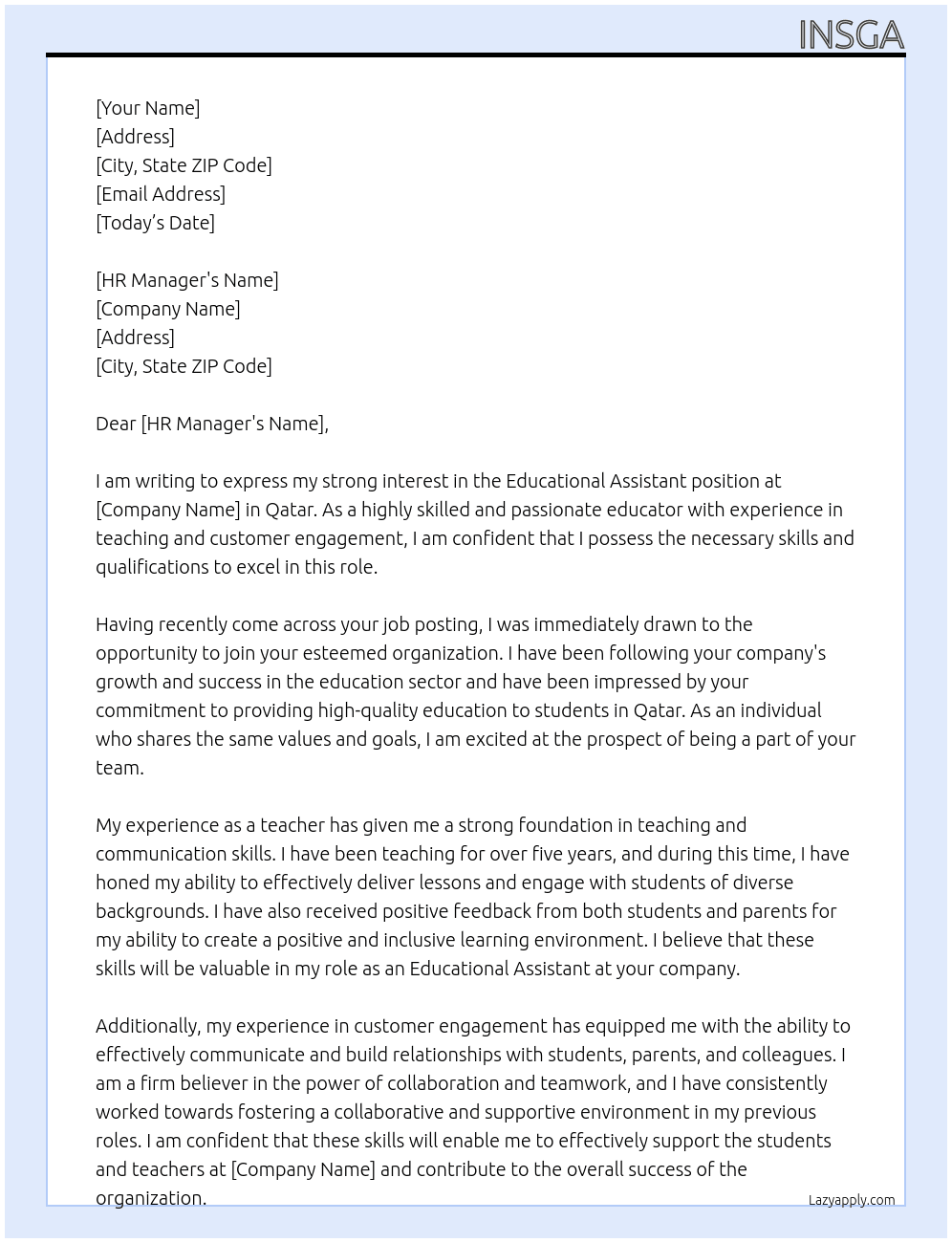 Educational assistant At In qatar Cover Letter