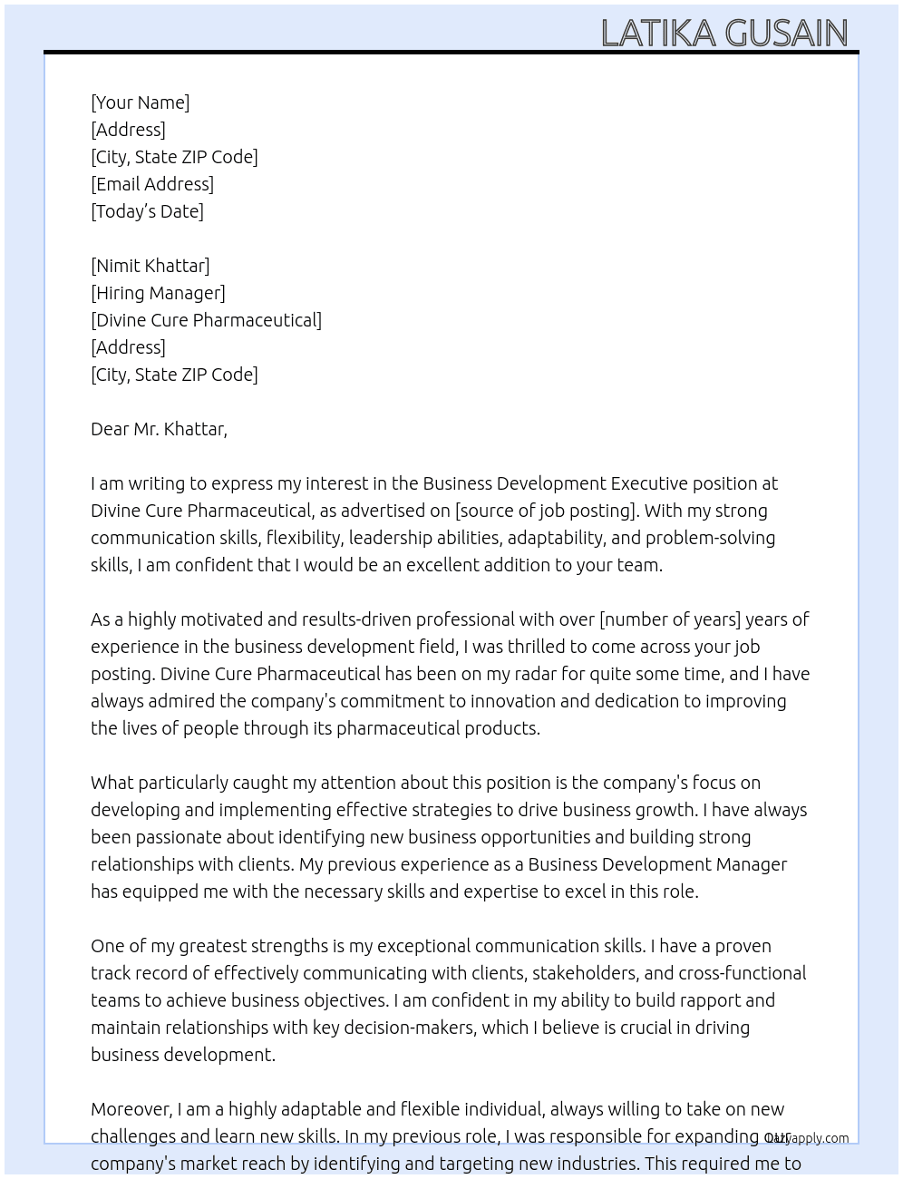 Business development executive  At Divine cure pharmaceutical Cover Letter