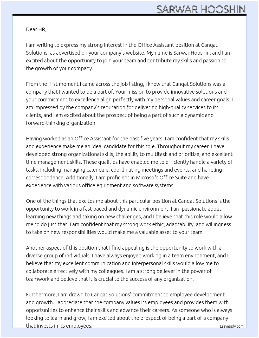 Office assistant  At Canqat solutions Cover Letter