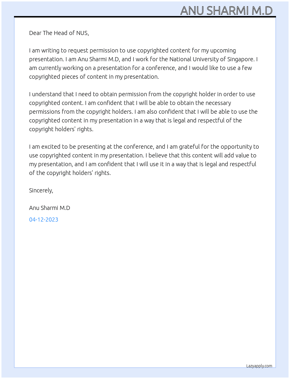 requesting permission to use copyrighted content  At National University of Singapore Cover Letter