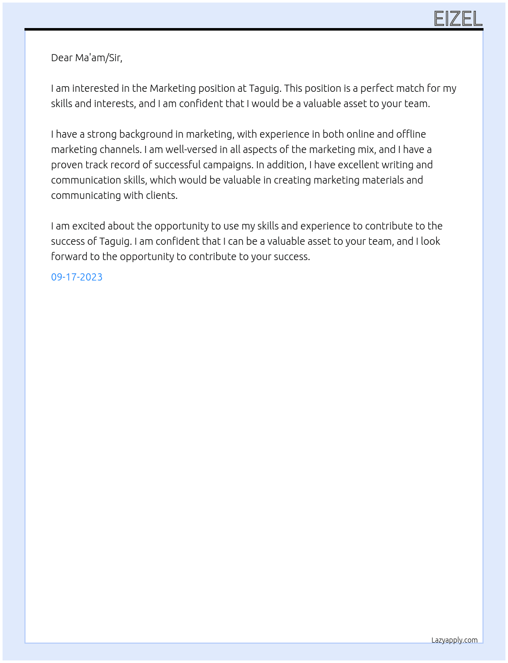Marketing  At Taguig Cover Letter
