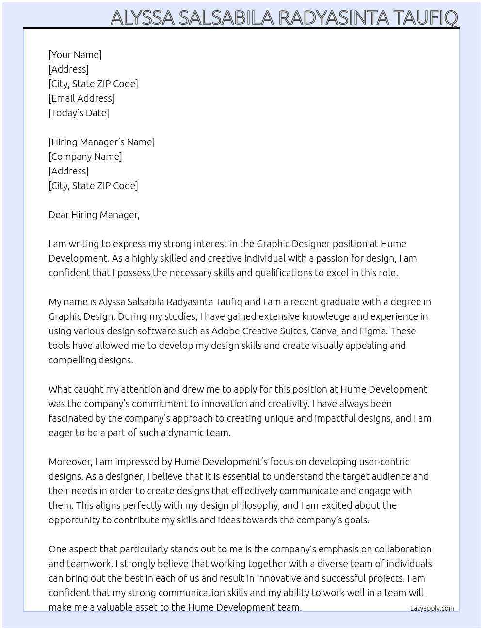 Graphic designer  At Hume Development Cover Letter