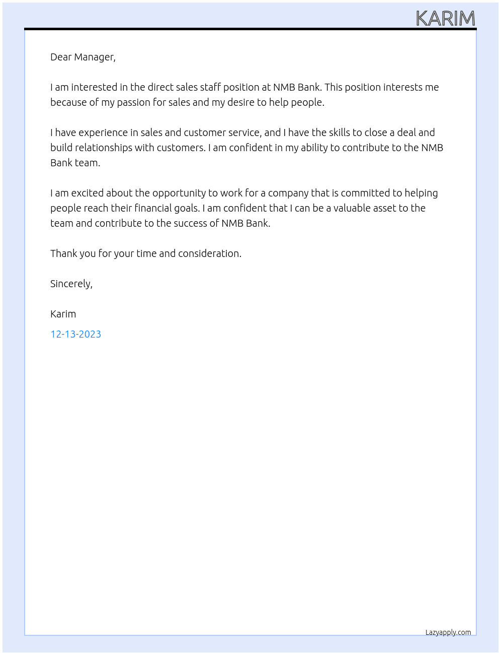 Direct sales staff At NMB BANk Cover Letter