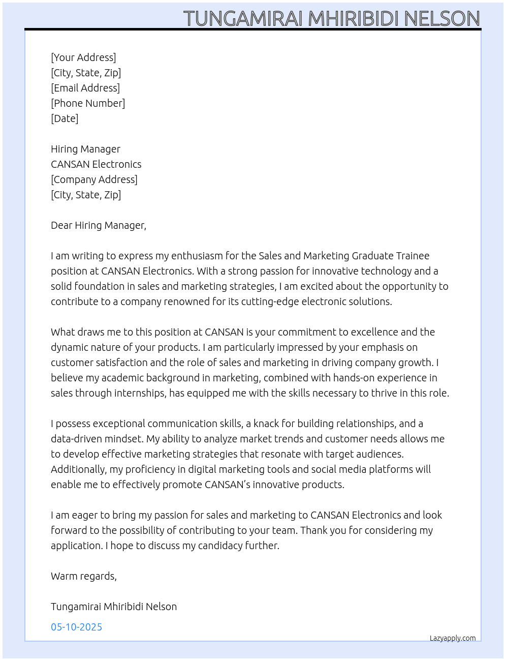 Sales and Marketing graduate Trainee At CANSAN Electronics Cover Letter