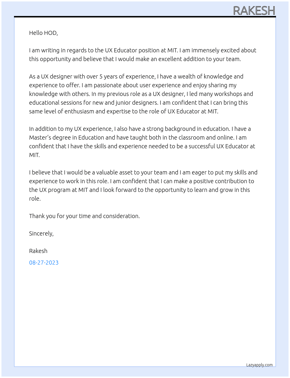 ux educator  At MIT Cover Letter