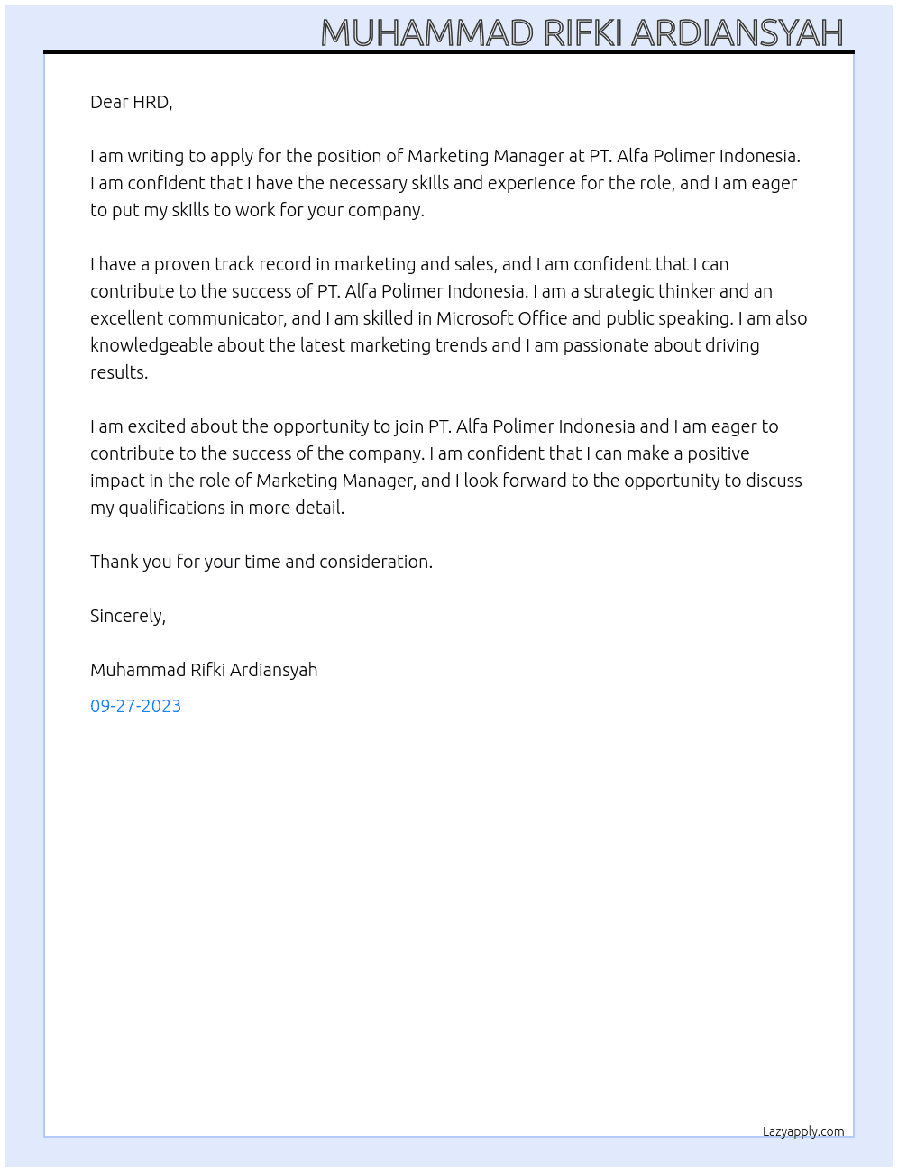 Manajer Pemasaran  At PT. Alfa Polimer Indonesia Cover Letter