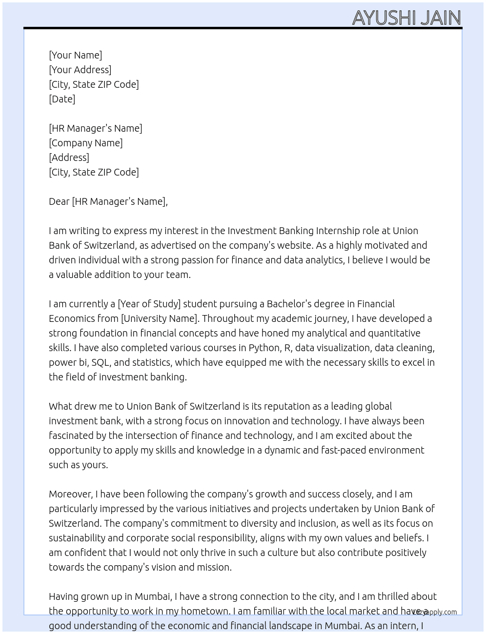 Investment banking At Union Bank of Switzerland  Cover Letter